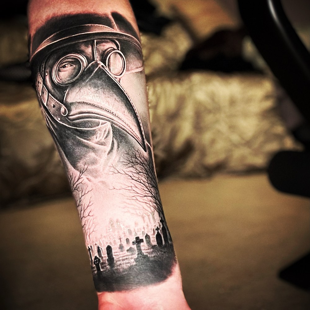 High contrast dark illustration of a plague doctor on a forearm sleeve